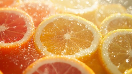 Fresh citrus fruit slices with water droplets. Photographed in close-up, showcasing vibrant oranges, yellows, and reds.