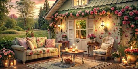 Fototapeta premium Romantic Cottage Getaway: Floral prints, pastel hues, candlelit ambiance, vintage charm