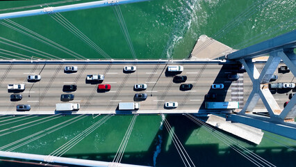 Oakland Bay Bridge At San Francisco In California United States. Cable Bridge Aerial Landscape. Freeway Road Scenery. Oakland Bay Bridge At San Francisco In California United States. 