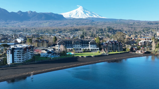 Volcanic Beach At Pucon In Los Rios Chile. Coastal City. Vulcanic Scenery. Tourism Landscape. Pucon Chile. Volcano Background. Volcanic Beach At Pucon In Los Rios Chile.