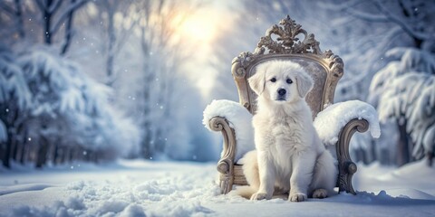 Royal White Puppy on Throne of Snow: Cute, Puppy, White, Majestic, Regal