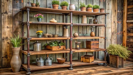 Rustic Antique Display Shelf: Weathered wood, industrial metal accents, vintage patina, farmhouse style, warm tones.