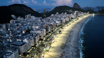 Sunset Skyline At Copacabana Beach In Rio De Janeiro Brazil. Sunset Dusk Skyline. Tourism Scene....