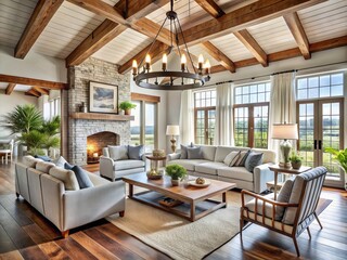 Rustic Elegance: Cozy farmhouse charm with Charleston's coastal sophistication, blending exposed beams, shiplap, and airy fabrics.