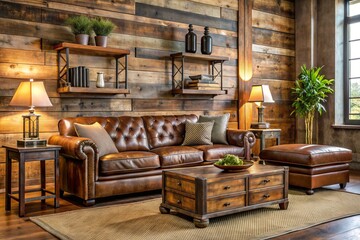 Rustic Functionality: Aged wood, weathered metal, leather accents, warm hues, practical details.