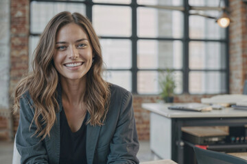 Fototapeta premium Portrait of beautiful female boss poses in the company office with a smile on her face, she is wearing a black jacket and a black shirt and looking at the camera with copy space