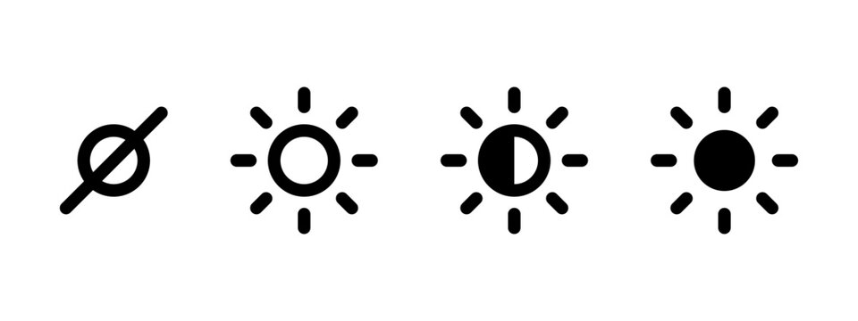 Screen brightness icon set. Display brightness control buttons collection. Camera contrast adjustment symbol. Saturation indicator illustration. Monitor bright level pictogram for web and apps.