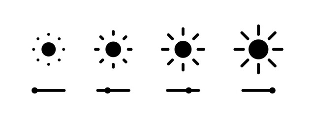 Screen brightness slider icon set. Display brightness control buttons collection with apple style design. Sun light level indicator. Contrast and saturation monitor settings pictogram.