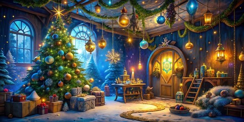 Obraz premium Santa's Workshop Wonder: Whimsical, Playful, Enchanted, Blue and Gold, Magical