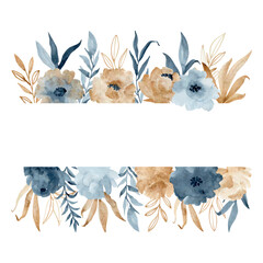 Vector Watercolor botanic frame for wedding or greeting card. Floral indigo and gold illustration.