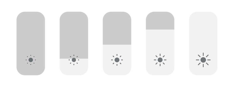 Screen brightness slider vector illustration apple style design for mobile phone display interface settings on white background. Monitor bright 5 steps control indicator. Light level adjust.