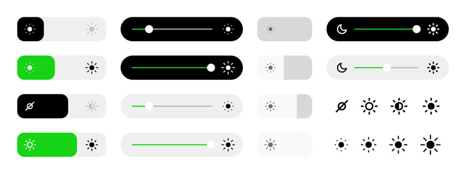 Brightness level icon set. Screen brightness settings interface element collection flat style design. Display bright indicator. Light control button, slider, adjustment on white background.