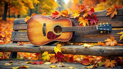 Vibrant autumn leaves surround a rustic acoustic guitar, nestled on a weathered wooden bench, evoking a sense of cozy, nostalgic musicianship on a crisp fall day.