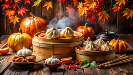 Vibrant autumnal still life with steaming dumplings, crispy Peking duck, and ornate decorations blending Eastern flair with traditional Thanksgiving elements on a rustic wooden table.