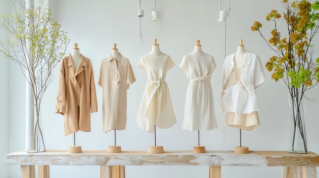 Stylish display of elegant clothing on mannequins, showcasing contemporary fashion trends in a minimalistic setting. Carbon Neutrality concept.