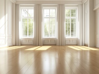 A large room with three windows and white curtains