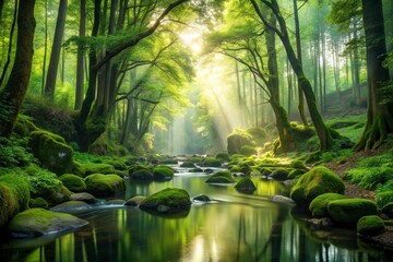 Fototapeta premium Serene Forest Sojourn: Tranquil, Earthy, Atmospheric, Verdant, Serenity