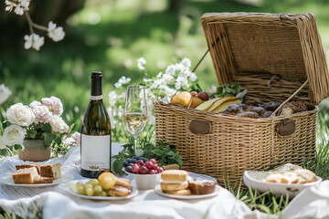 Wine, dessert, fruits for a picnic in the park. The concept of a vacation, weekend, friendship or holiday.