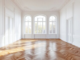 Obraz premium A large, empty room with white walls and wooden floors