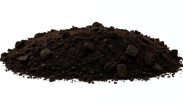 A close-up view of dark soil mound on a white background