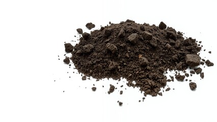 A close-up view of dark soil mound on a white background