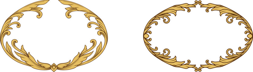 Golden Decorative oval vintage picture frames. Elegant Victorian and baroque border frames with filigree, swirls for labels, tags and invitations. Vector illustration.