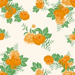 Roses textile indian flower pattern in Orange ,Digital indian motif seamless classical textured handmade Floral pattern bouquet pattern block print batik luxury flowers style detailed watercolors pain