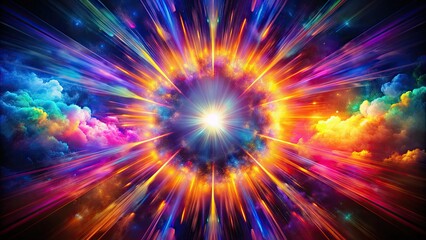 Obraz premium Vibrant circular burst of light erupts in a kaleidoscope of colors, radiating outward with intense energy, surrounded by dark mist and subtle glow.