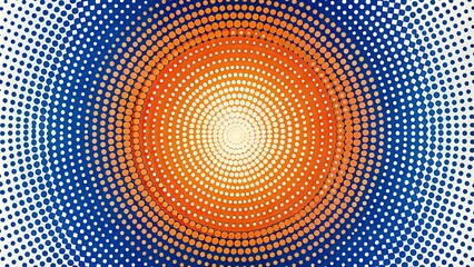 Vibrant circular halftone pattern featuring gradated colors, transitioning from bright orange to deep blue, creating a mesmerizing optical illusion on a white background.
