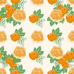 Orange textile indian flower pattern,Digital indian motif seamless classical textured handmade Floral pattern bouquet pattern block print batik luxury flowers style detailed watercolors painting.