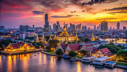 Fototapeta premium Vibrant cityscape at dusk, featuring ornate Buddhist temples, bustling street markets, and sleek skyscrapers along the Chao Phraya River in Bangkok, Thailand.