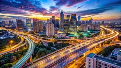 Fototapeta premium Vibrant cityscape at dusk, featuring a bustling network of highways and intersections, with sleek skyscrapers and brightly lit billboards dominating the urban skyline.