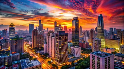 Fototapeta premium Vibrant cityscape at dusk, with sleek skyscrapers, neon lights, and bustling streets, set against a warm orange and pink hued urban evening sky.