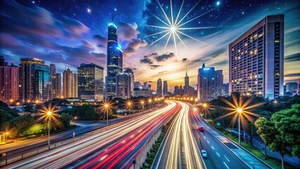 Fototapeta premium Vibrant cityscape at dusk transforms into a bustling nightlife scene, with streaks of light trailing cars and stars twinkling in the dark blue sky.