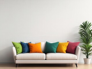 Stylish sofa with colorful cushions in a modern living room, complemented by a green plant against a light wall.