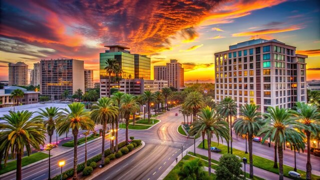 Vibrant cityscape of Anaheim at sunset, featuring palm trees, high-rise buildings, and bustling streets, capturing the essence of southern California's urban charm.