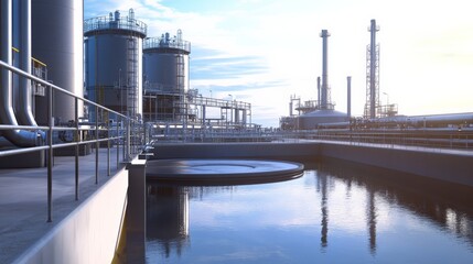 Industrial facility with large tanks and chimneys reflecting in water, showcasing modern infrastructure and clean energy.