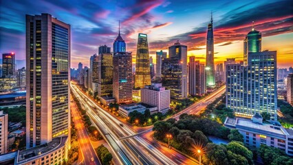 Obraz premium Vibrant cityscape timelapse at dusk, showcasing bustling streets, towering skyscrapers, and neon lights streaking across the frame, capturing urban energy and modern metropolitan life.