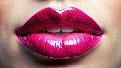 Obraz premium Vibrant close-up of bold, bright pink lips with shiny gloss, perfectly puckered, and accentuated by subtle natural light and soft, blurry background.