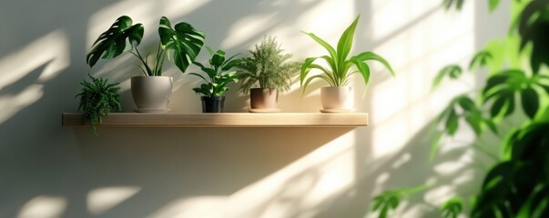 A serene display of houseplants on a wooden shelf, basking in natural light and shadows for a calming interior vibe.