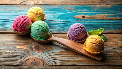 Vibrant colored ice cream scoop with smooth, creamy texture and subtle swirl patterns, resting against a rustic wooden background with natural grain visible.