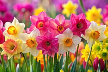 Obraz premium Spring's Embrace: Vibrant, cheerful, fresh pink and daffodil shades, uplifting mood