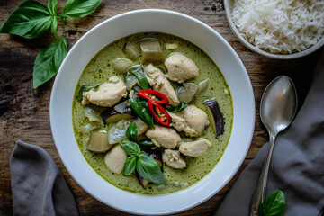 The photo of delicious Thai food Green Curry Chicken serve with steam rice decorate with ingredients  