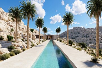 Fototapeta premium A strikingly beautiful and tranquil desert oasis featuring a long, narrow swimming pool flanked by lush palm trees under a bright blue sky, offering an escape from reality.
