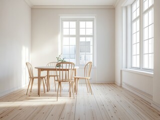 A white room with a wooden table and chairs