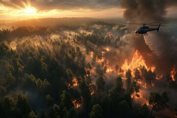 Obraz premium An aerial view captures a raging forest fire with thick smoke rising, alongside a helicopter assisting in firefighting amidst the vast treetops and burning vegetation.