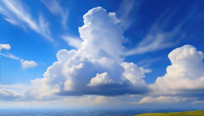 Towering cumulus clouds rise majestically into a bright blue sky, creating a serene landscape.
