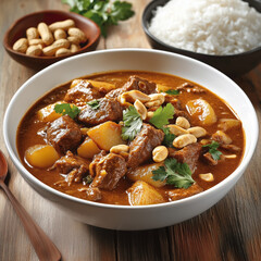 The photo of delicious Thai food Massaman serve with steam rice decorate with ingredient 