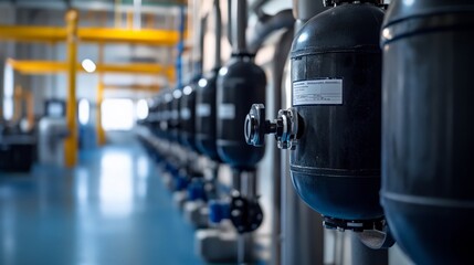 Industrial machinery and equipment in a modern factory with rows of steel tanks used for processing and manufacturing purposes.