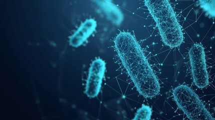 Microbiology low poly wireframe banner vector template. Futuristic science, biological research poster polygonal design with bacteria illustration. Microscopic germs 3d mesh art with connected dots. 